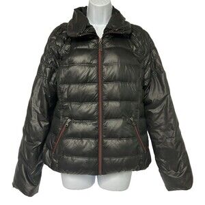 GUESS Women Size L Down Puffer Jacket Black Lightweight Quilted Coat Red Zipper